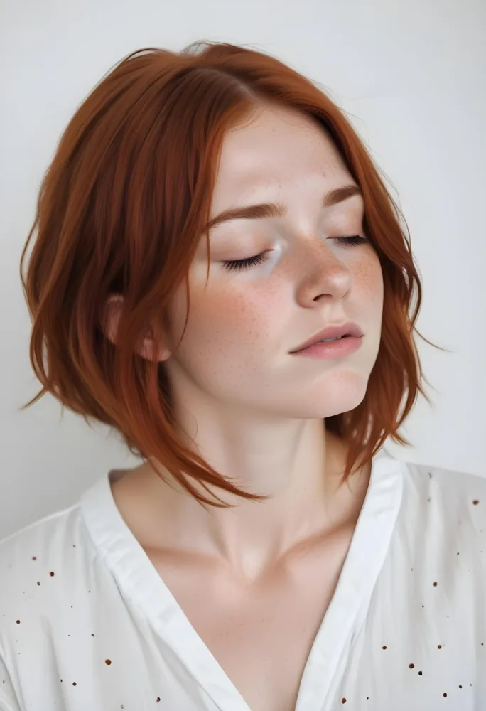 A Caucasian Woman 25 Years Old Freckles Red Hair Closed Eyes Wearing A White Shirt In A White Background 15 E67d