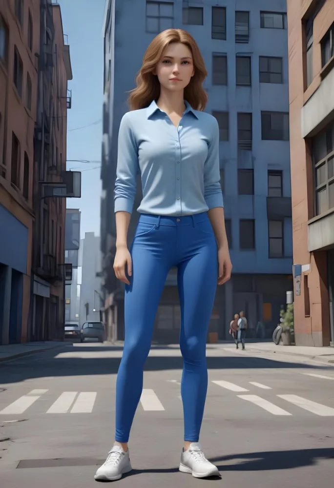 A Caucasian Woman 25 Years Old Light Brown Hair Wearing A Blue Shirt And Blue Leggings In A Urban Background 11 0ace
