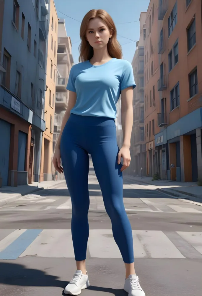 A Caucasian Woman 25 Years Old Light Brown Hair Wearing A Blue Shirt And Blue Leggings In A Urban Background 36 79e6