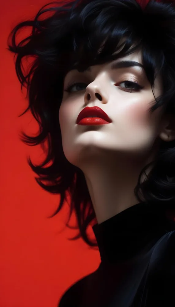 A Caucasian Woman 25 Years Old Red Lips Black Hair Red Background 14 5998