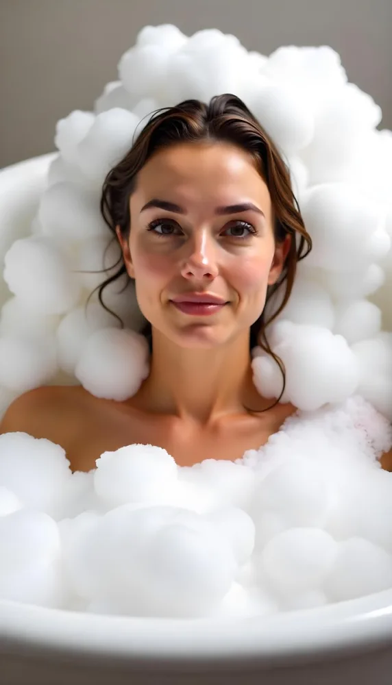 A Caucasian Woman 25 Years Old Wet Brown Hair In A Bathtub Full Of Foam Looking At The Camera 17 1682