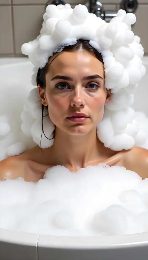 A Caucasian Woman 25 Years Old Wet Brown Hair In A Bathtub Full Of Foam Looking At The Camera 2 B856