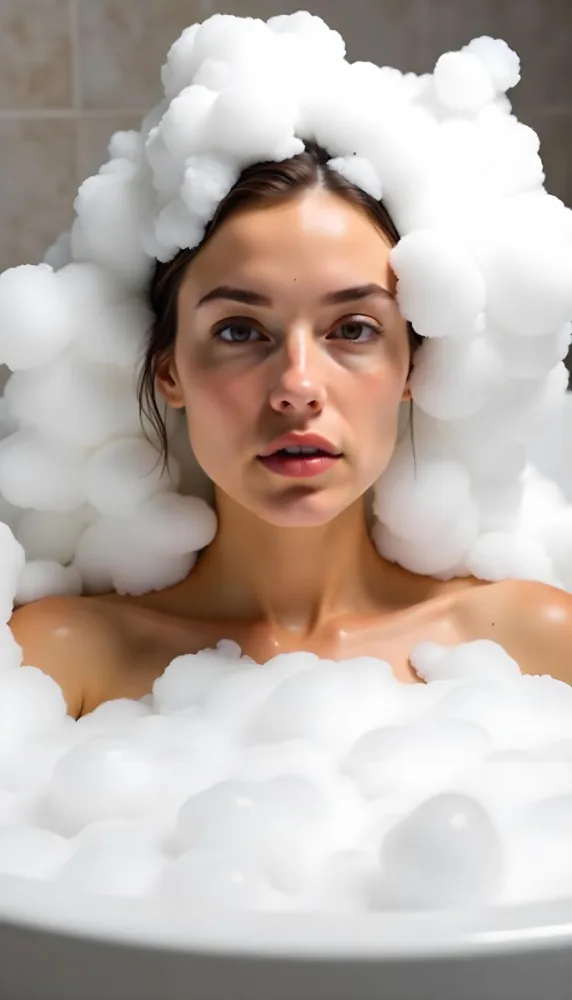 A Caucasian Woman 25 Years Old Wet Brown Hair In A Bathtub Full Of Foam Looking At The Camera 4 86c8