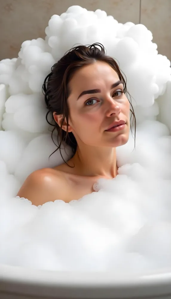A Caucasian Woman 25 Years Old Wet Brown Hair In A Bathtub Full Of Foam Looking At The Camera 6 7435