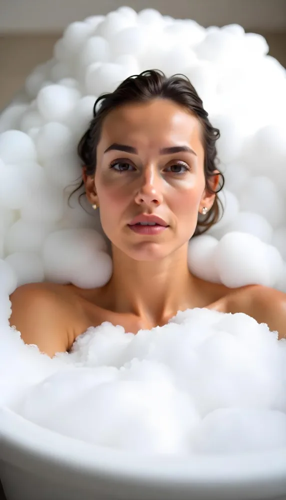 A Caucasian Woman 25 Years Old Wet Brown Hair In A Bathtub Full Of Foam Looking At The Camera 7 58aa