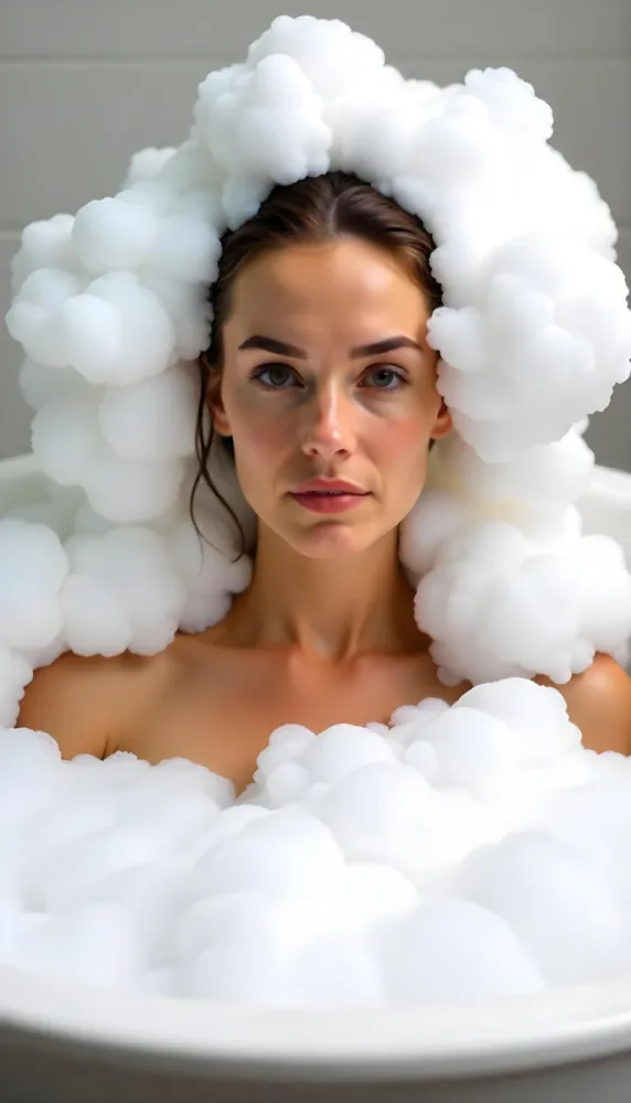 A Caucasian Woman 25 Years Old Wet Brown Hair In A Bathtub Full Of Foam Looking At The Camera 8 6d83