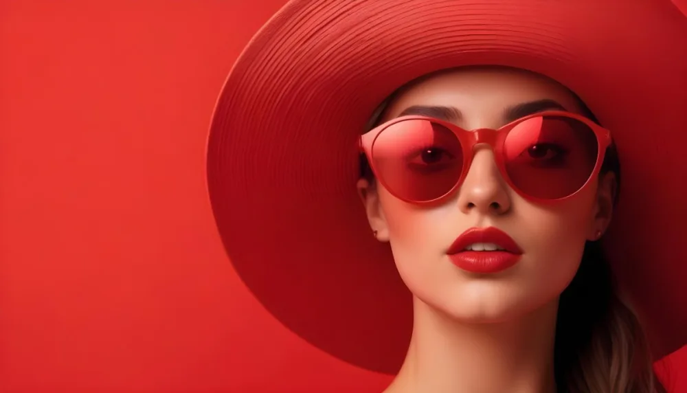 A Caucasian Woman 25 Years Old With A Red Hat And Red Sunglasses In A Red Background 21 684d