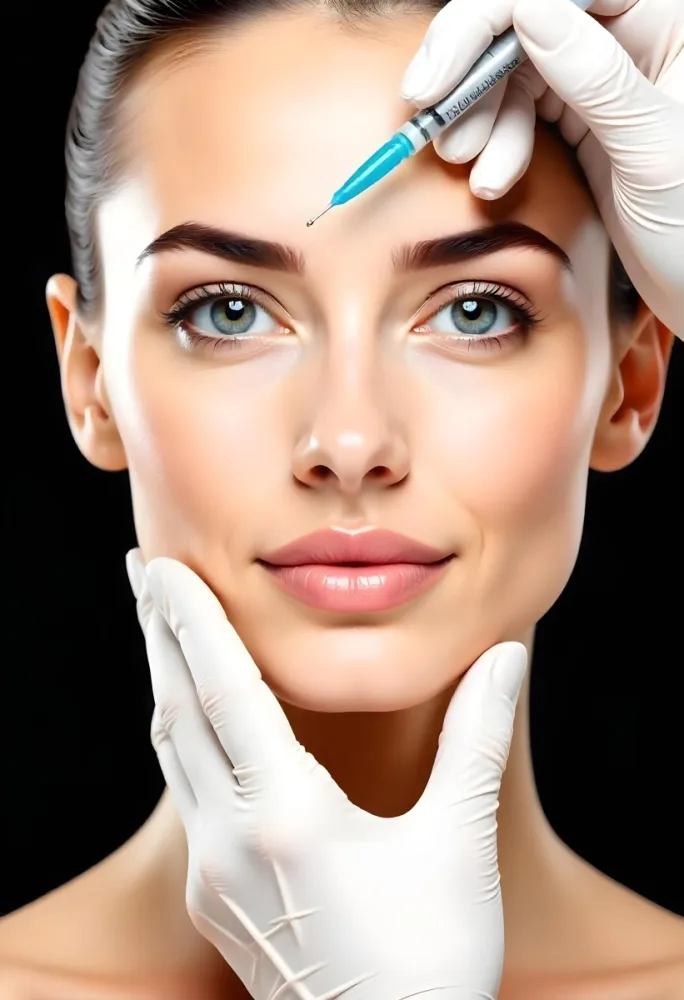 A Caucasian Woman 25 Years Old With Black Hair Receiving A Botox Injection On Her Forehead With A Black Background 10 8fb5