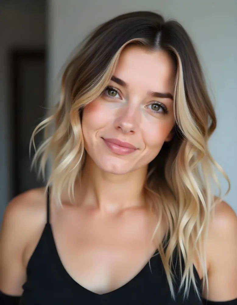 A Caucasian Woman 25 Years Old With Blonde Wavy Hair And A Black Top In A Blurred Room 13 Dcff