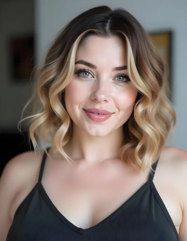 A Caucasian Woman 25 Years Old With Blonde Wavy Hair And A Black Top In A Blurred Room 18 C188