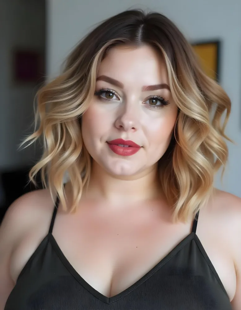 A Caucasian Woman 25 Years Old With Blonde Wavy Hair And A Black Top In A Blurred Room 20 1181
