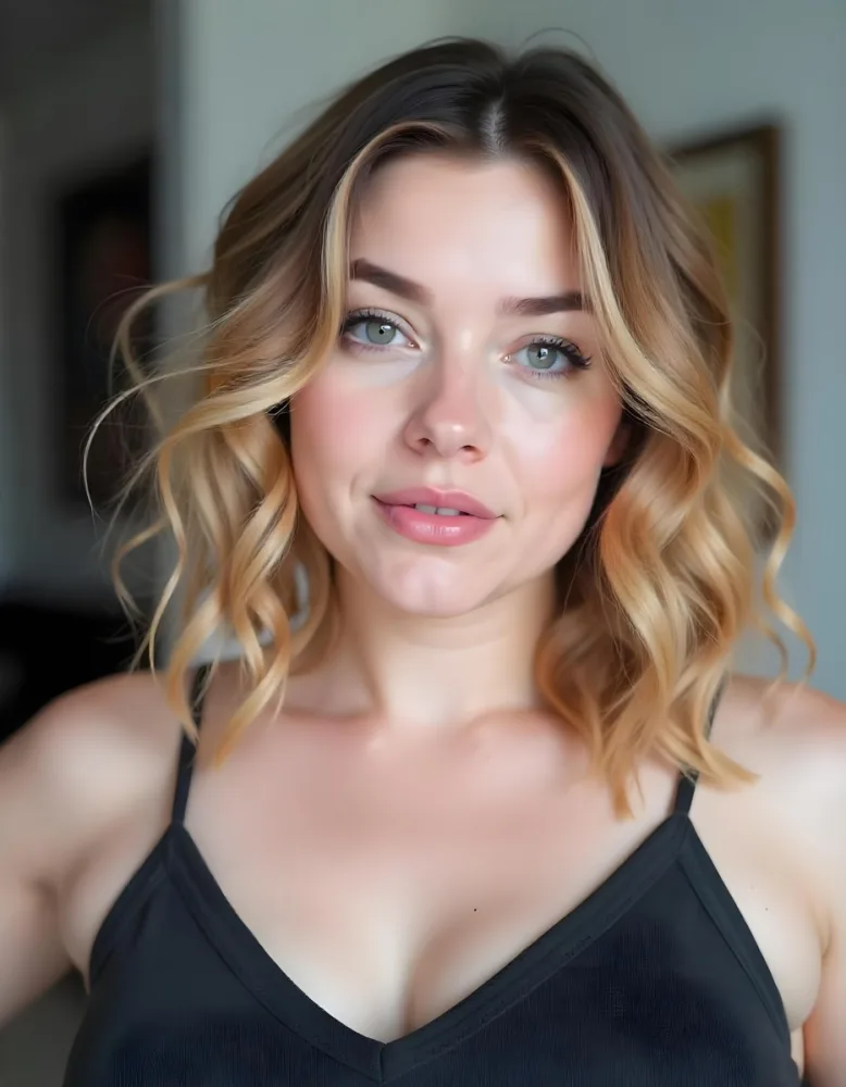 A Caucasian Woman 25 Years Old With Blonde Wavy Hair And A Black Top In A Blurred Room 25 F0ca