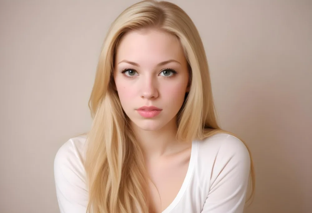 A Caucasian Woman 25 Years Old With Long Blonde Hair Light Skin And Light Pink Lips In A Studio With A Neutral Background 4 7a40