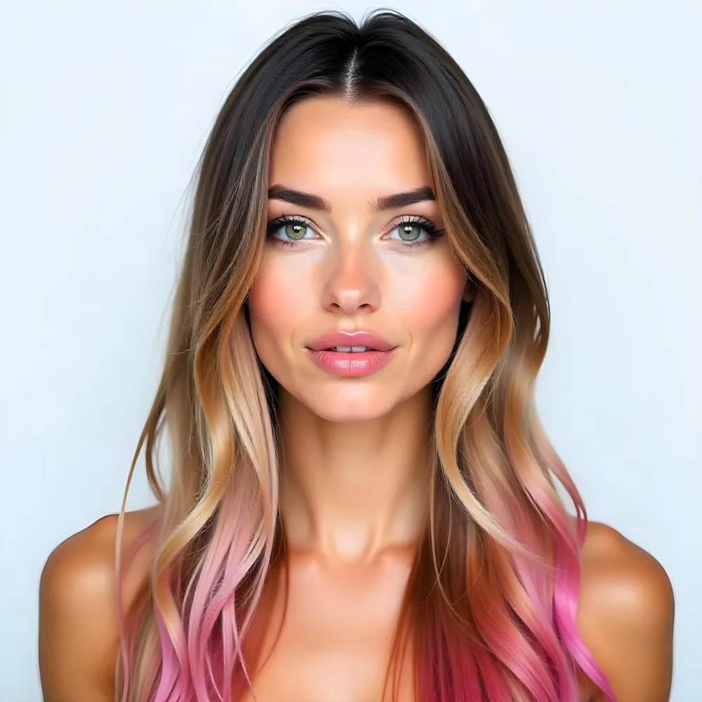 A Caucasian Woman 25 Years Old With Long Straight Hair With Rainbow Highlights Pink Lips Light Skin In A White Background 10 9018