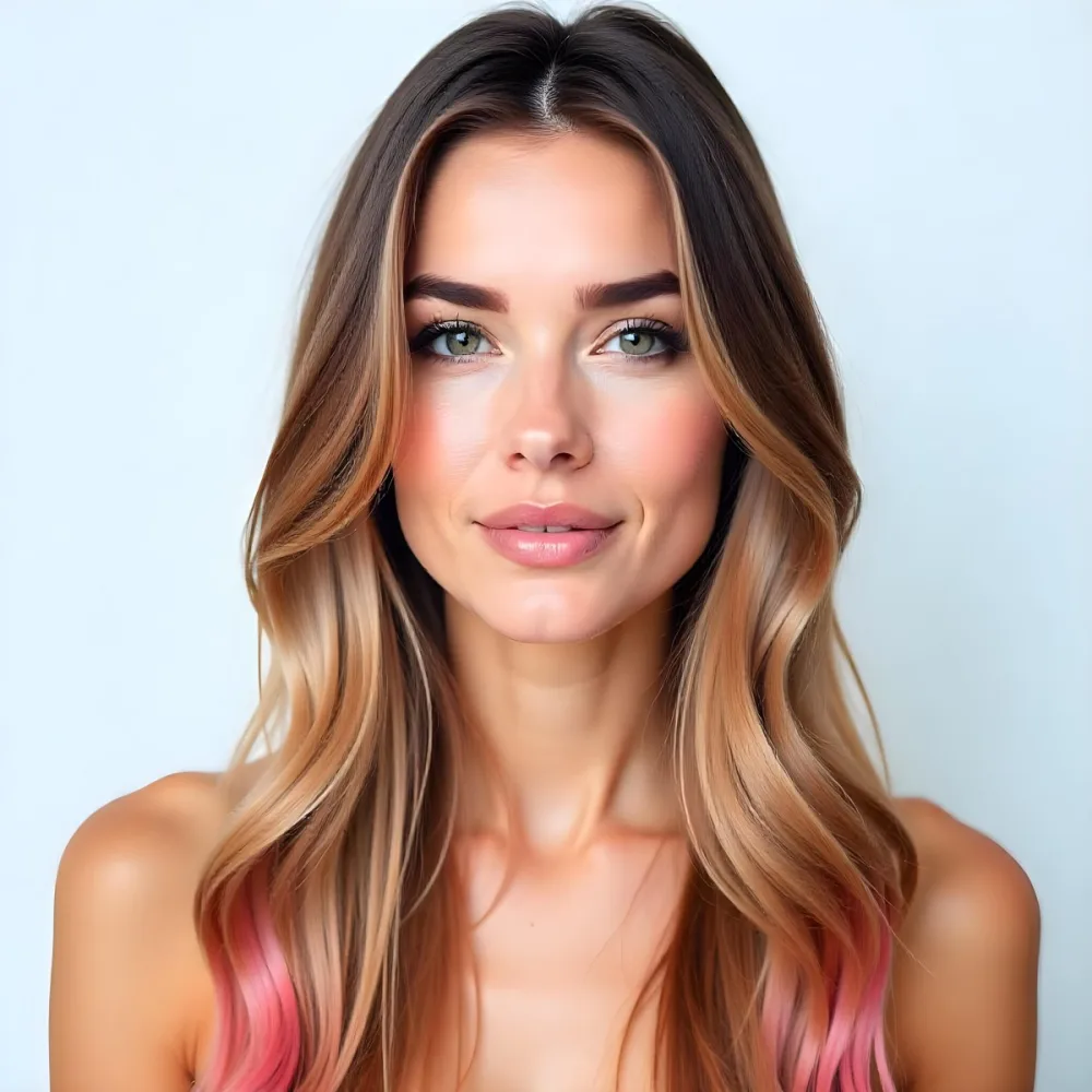 A Caucasian Woman 25 Years Old With Long Straight Hair With Rainbow Highlights Pink Lips Light Skin In A White Background 12 6aee