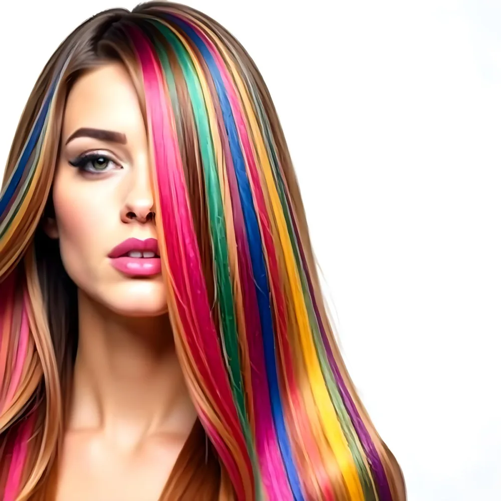 A Caucasian Woman 25 Years Old With Long Straight Hair With Rainbow Highlights Pink Lips Light Skin In A White Background 19 676e