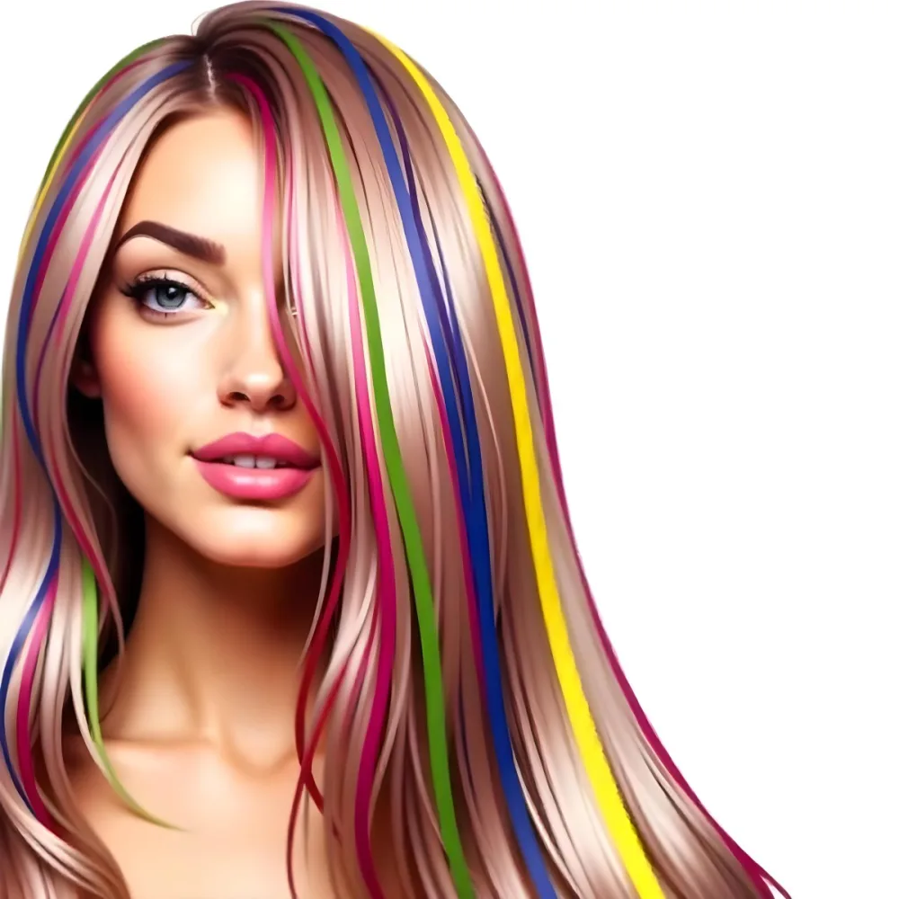 A Caucasian Woman 25 Years Old With Long Straight Hair With Rainbow Highlights Pink Lips Light Skin In A White Background 25 Dcd7