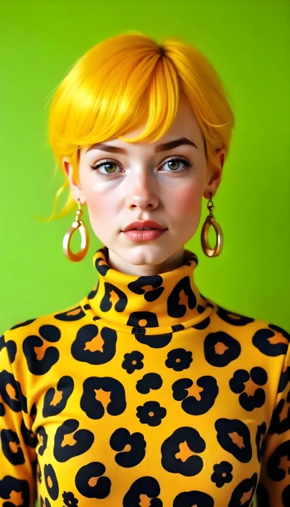 A Caucasian Woman 25 Years Old With Yellow Hair And Green Eyes Wearing A Yellow And Black Leopard Turtleneck Sweater And Golden Earrings In A Green Background 11 6e65