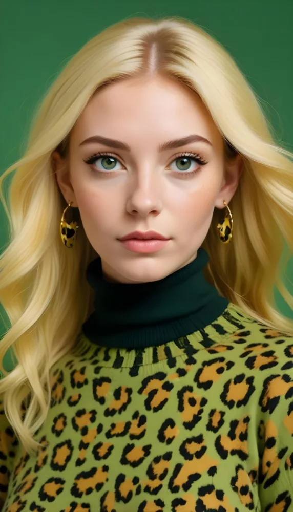 A Caucasian Woman 25 Years Old With Yellow Hair And Green Eyes Wearing A Yellow And Black Leopard Turtleneck Sweater And Golden Earrings In A Green Background 12 Fb8c