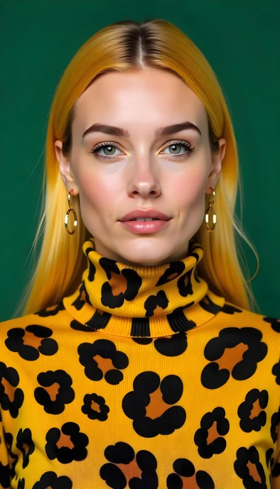 A Caucasian Woman 25 Years Old With Yellow Hair And Green Eyes Wearing A Yellow And Black Leopard Turtleneck Sweater And Golden Earrings In A Green Background 14 55b6