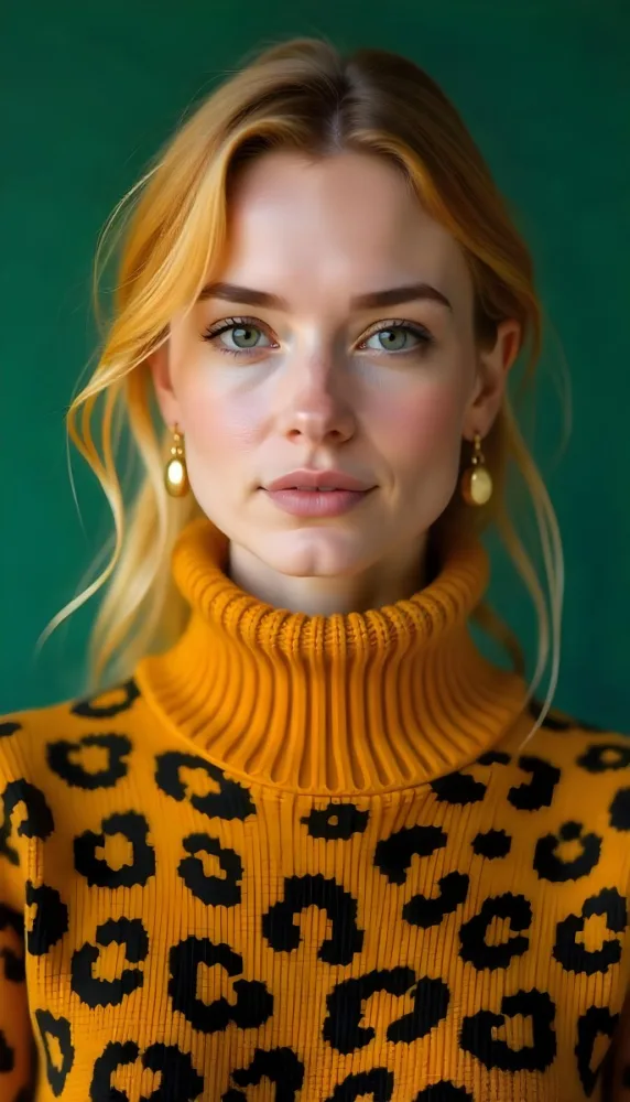 A Caucasian Woman 25 Years Old With Yellow Hair And Green Eyes Wearing A Yellow And Black Leopard Turtleneck Sweater And Golden Earrings In A Green Background 18 5637