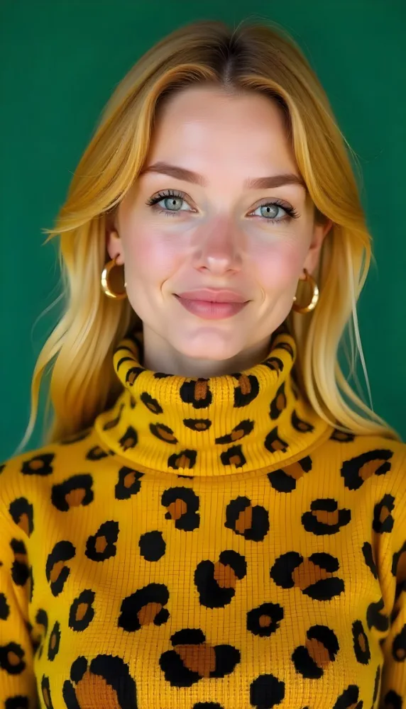 A Caucasian Woman 25 Years Old With Yellow Hair And Green Eyes Wearing A Yellow And Black Leopard Turtleneck Sweater And Golden Earrings In A Green Background 19 523a