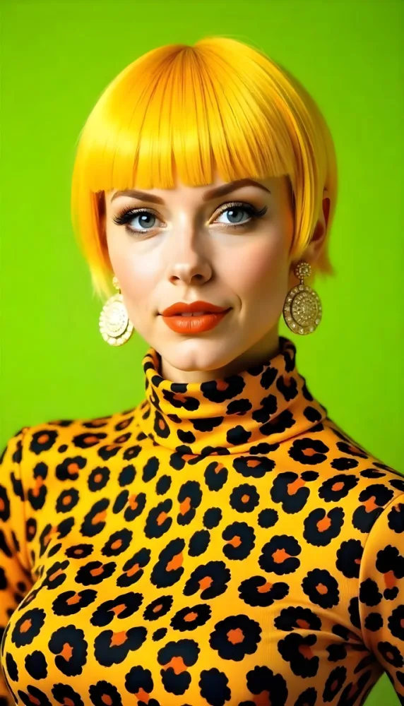 A Caucasian Woman 25 Years Old With Yellow Hair And Green Eyes Wearing A Yellow And Black Leopard Turtleneck Sweater And Golden Earrings In A Green Background 21 00f9