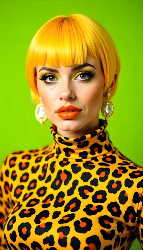 A Caucasian Woman 25 Years Old With Yellow Hair And Green Eyes Wearing A Yellow And Black Leopard Turtleneck Sweater And Golden Earrings In A Green Background 25 5cd2