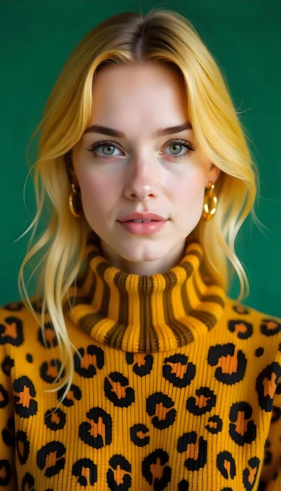 A Caucasian Woman 25 Years Old With Yellow Hair And Green Eyes Wearing A Yellow And Black Leopard Turtleneck Sweater And Golden Earrings In A Green Background 26 899d