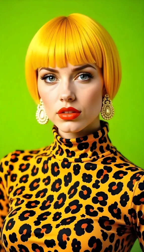 A Caucasian Woman 25 Years Old With Yellow Hair And Green Eyes Wearing A Yellow And Black Leopard Turtleneck Sweater And Golden Earrings In A Green Background 27 910a