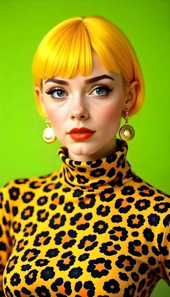 A Caucasian Woman 25 Years Old With Yellow Hair And Green Eyes Wearing A Yellow And Black Leopard Turtleneck Sweater And Golden Earrings In A Green Background 31 1e97