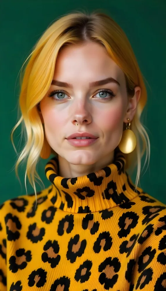 A Caucasian Woman 25 Years Old With Yellow Hair And Green Eyes Wearing A Yellow And Black Leopard Turtleneck Sweater And Golden Earrings In A Green Background 32 E769