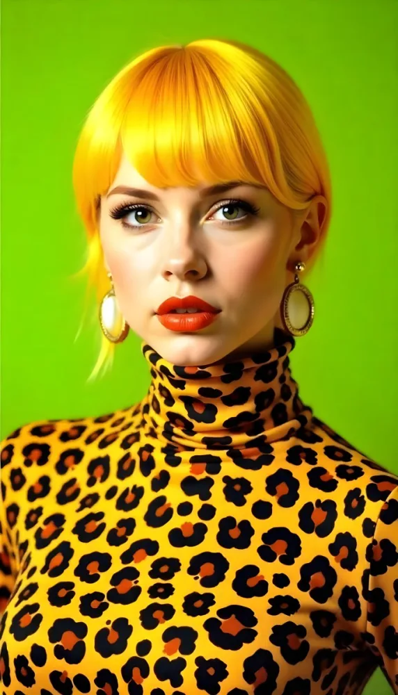 A Caucasian Woman 25 Years Old With Yellow Hair And Green Eyes Wearing A Yellow And Black Leopard Turtleneck Sweater And Golden Earrings In A Green Background 35 6d69