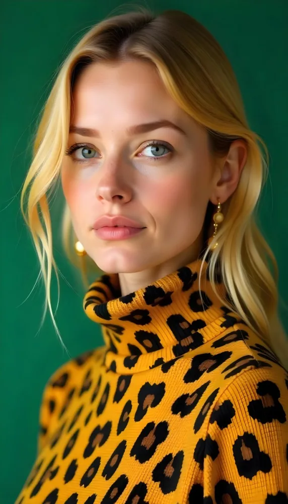 A Caucasian Woman 25 Years Old With Yellow Hair And Green Eyes Wearing A Yellow And Black Leopard Turtleneck Sweater And Golden Earrings In A Green Background 36 D38a