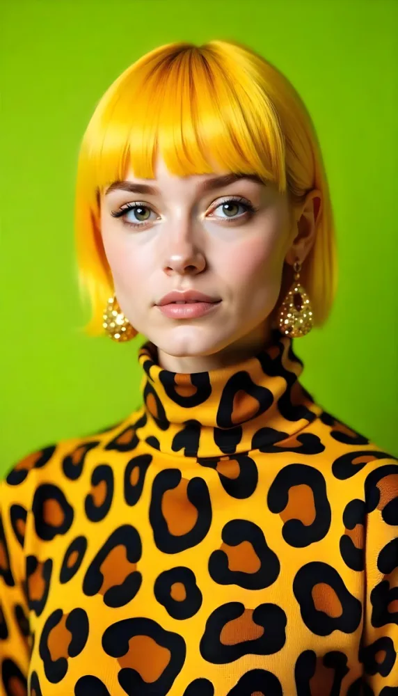 A Caucasian Woman 25 Years Old With Yellow Hair And Green Eyes Wearing A Yellow And Black Leopard Turtleneck Sweater And Golden Earrings In A Green Background 38 563d
