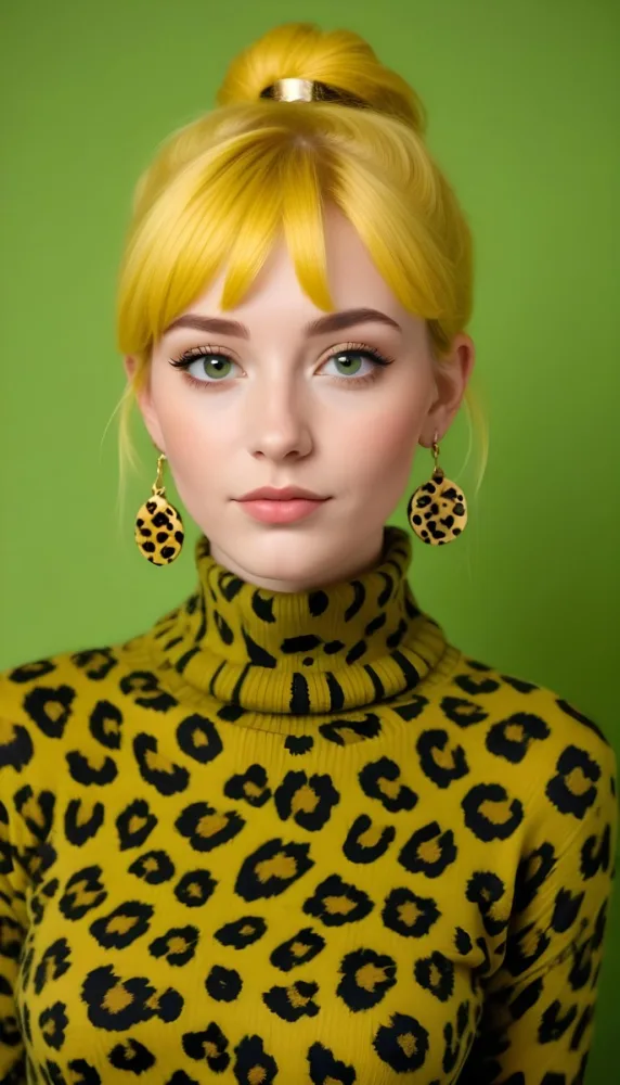 A Caucasian Woman 25 Years Old With Yellow Hair And Green Eyes Wearing A Yellow And Black Leopard Turtleneck Sweater And Golden Earrings In A Green Background 4 Daee
