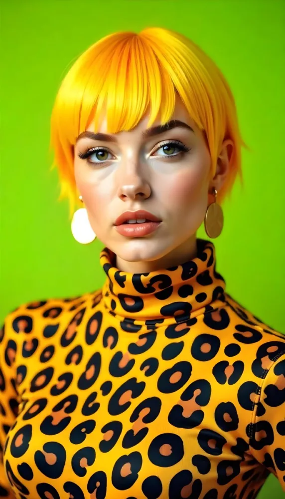 A Caucasian Woman 25 Years Old With Yellow Hair And Green Eyes Wearing A Yellow And Black Leopard Turtleneck Sweater And Golden Earrings In A Green Background 5 065d