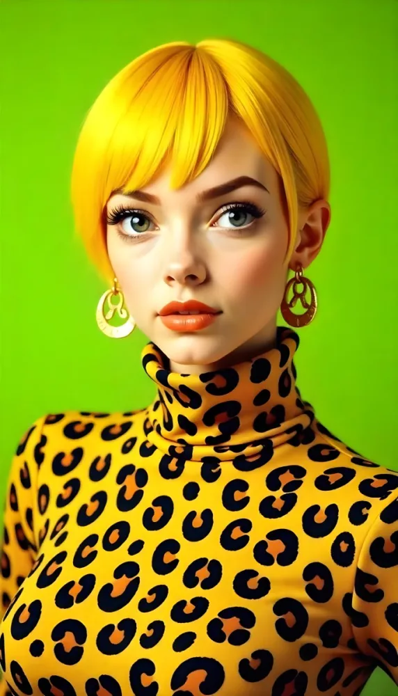 A Caucasian Woman 25 Years Old With Yellow Hair And Green Eyes Wearing A Yellow And Black Leopard Turtleneck Sweater And Golden Earrings In A Green Background 7 Fee9