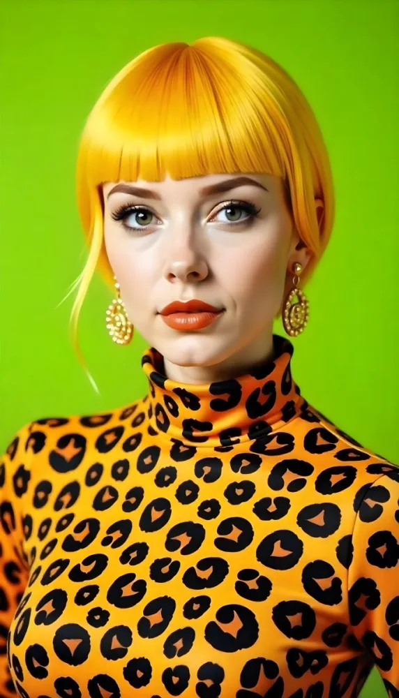 A Caucasian Woman 25 Years Old With Yellow Hair And Green Eyes Wearing A Yellow And Black Leopard Turtleneck Sweater And Golden Earrings In A Green Background 9 6da5