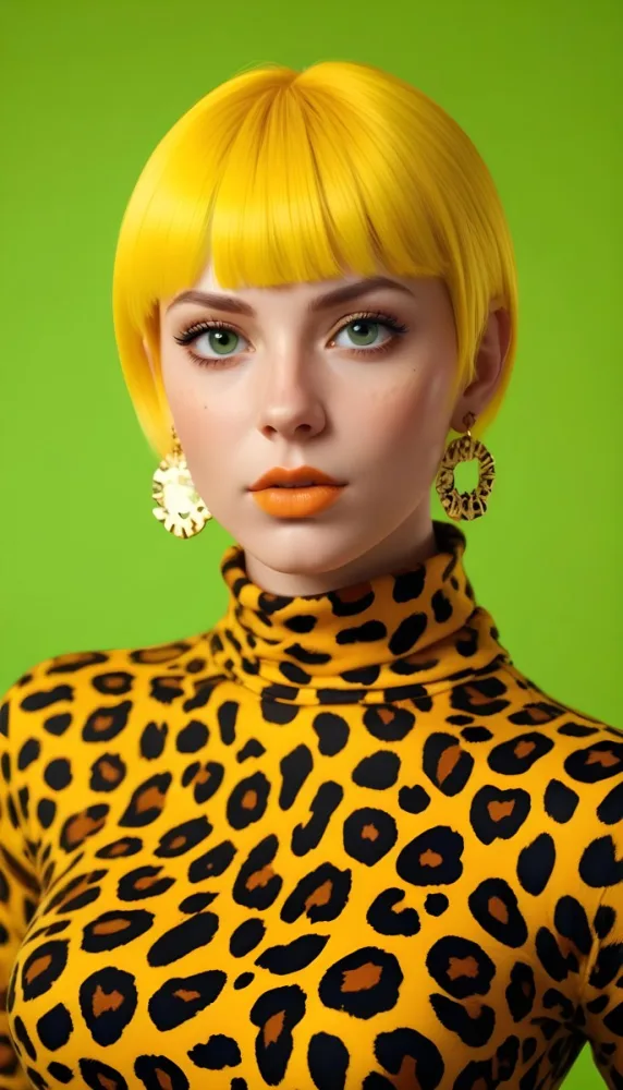 A Caucasian Woman 25 Years Old With Yellow Hair And Yellow Eyes Wearing A Yellow And Black Leopard Turtleneck And Big Golden Earrings In A Green Background 11 4fe4