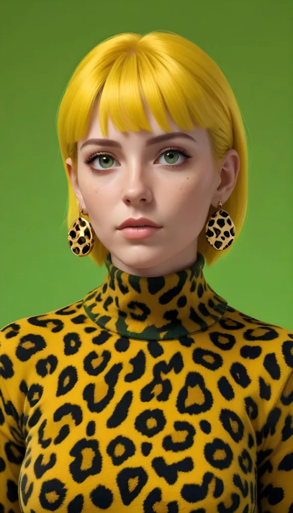 A Caucasian Woman 25 Years Old With Yellow Hair And Yellow Eyes Wearing A Yellow And Black Leopard Turtleneck And Big Golden Earrings In A Green Background 12 7950