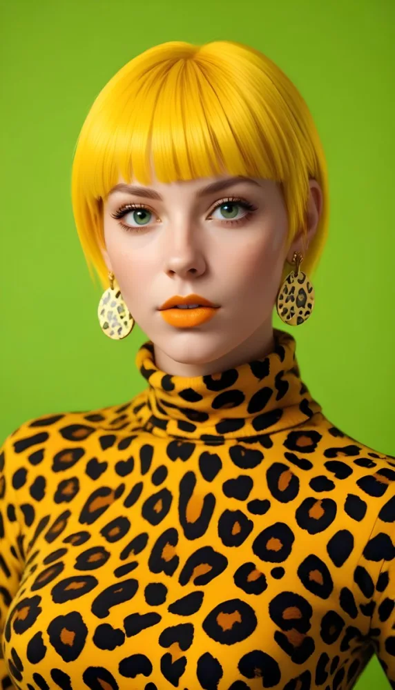 A Caucasian Woman 25 Years Old With Yellow Hair And Yellow Eyes Wearing A Yellow And Black Leopard Turtleneck And Big Golden Earrings In A Green Background 15 1783