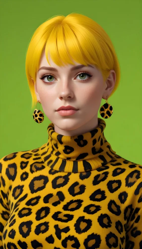 A Caucasian Woman 25 Years Old With Yellow Hair And Yellow Eyes Wearing A Yellow And Black Leopard Turtleneck And Big Golden Earrings In A Green Background 20 3c9a