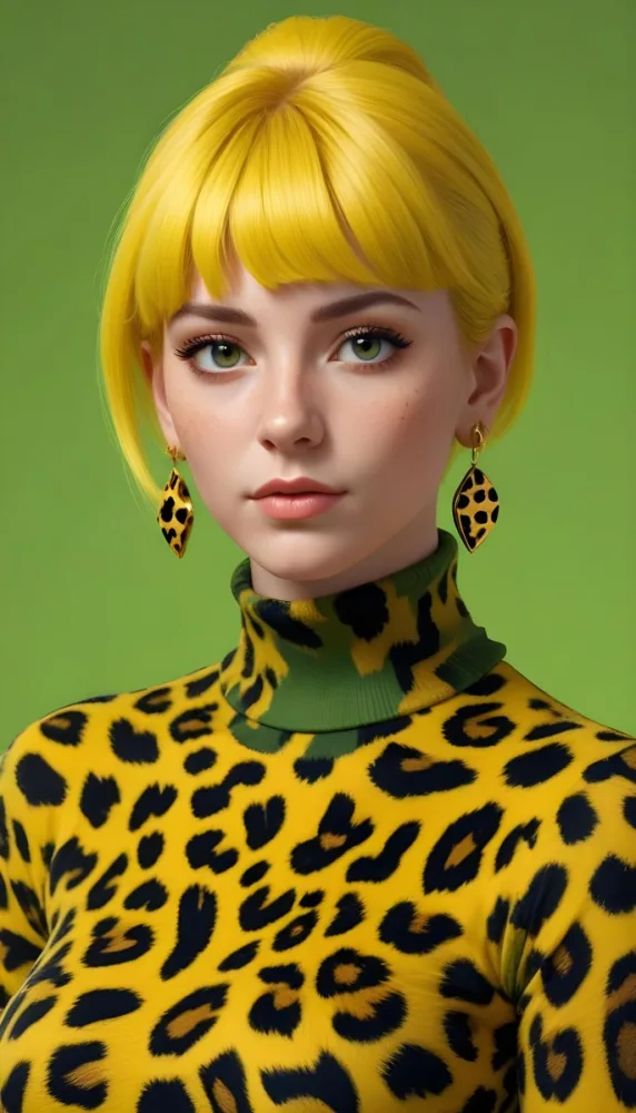 A Caucasian Woman 25 Years Old With Yellow Hair And Yellow Eyes Wearing A Yellow And Black Leopard Turtleneck And Big Golden Earrings In A Green Background 22 C7ef