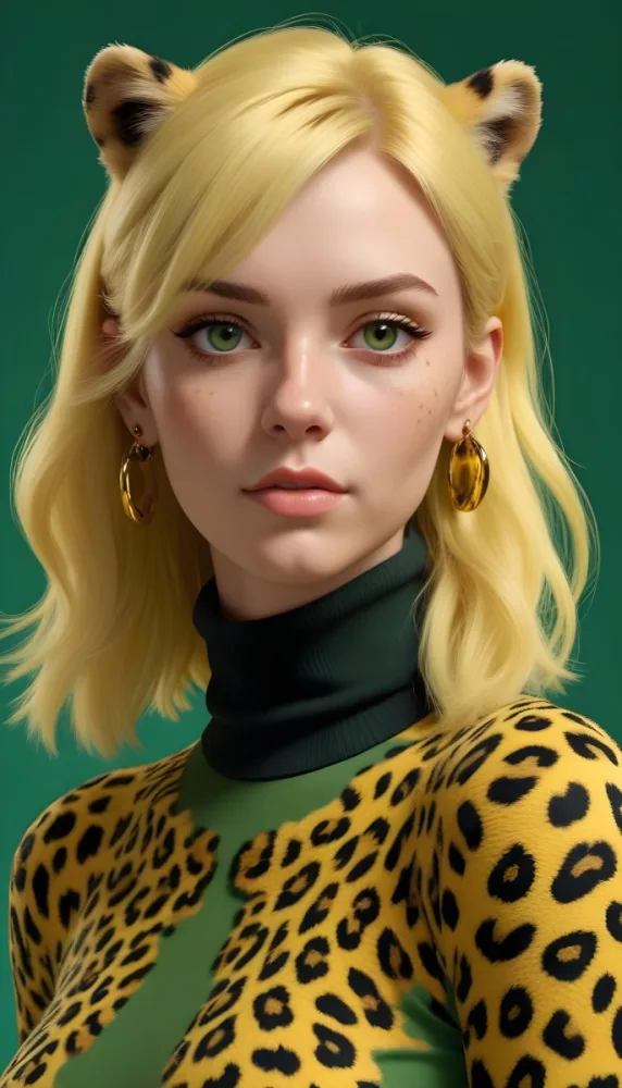 A Caucasian Woman 25 Years Old With Yellow Hair And Yellow Eyes Wearing A Yellow And Black Leopard Turtleneck And Big Golden Earrings In A Green Background 24 7171