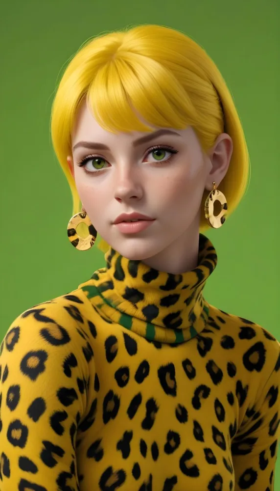 A Caucasian Woman 25 Years Old With Yellow Hair And Yellow Eyes Wearing A Yellow And Black Leopard Turtleneck And Big Golden Earrings In A Green Background 28 247e
