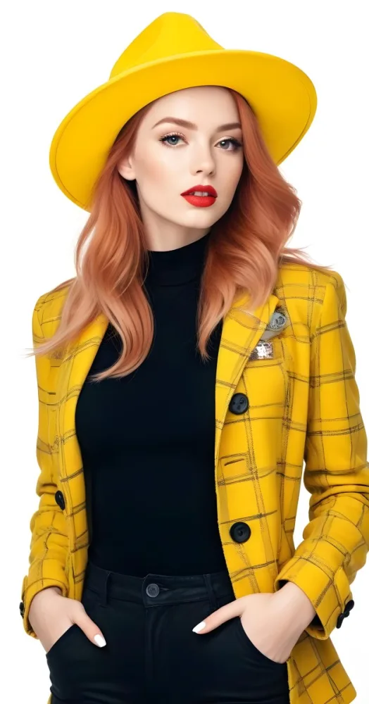 A Caucasian Woman 26 Years Old Red Hair White Lips Wearing A White Hat And A White Squared Jacket In A White Background 25 F112