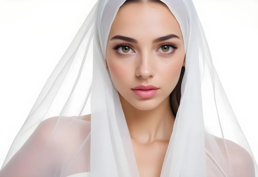 A Caucasian Woman 27 Years Old Brown Eyes Pink Lips Wearing A White Veil White Background 17 9a20