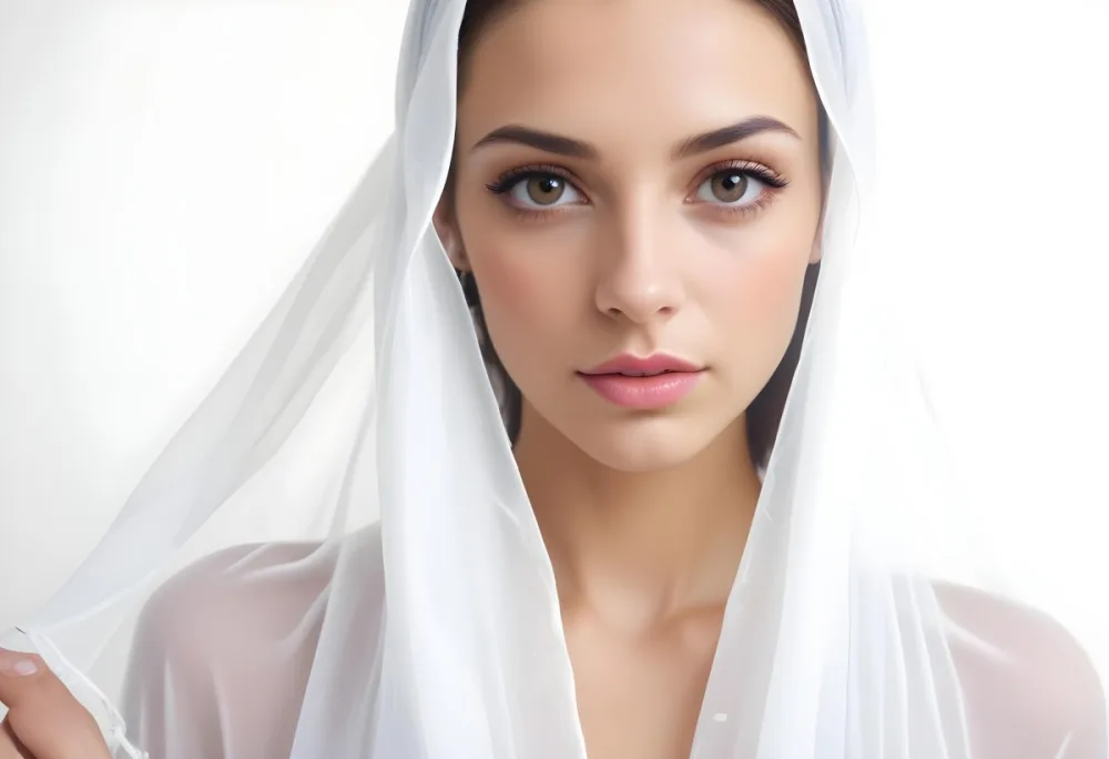 A Caucasian Woman 27 Years Old Brown Eyes Pink Lips Wearing A White Veil White Background 20 3d70