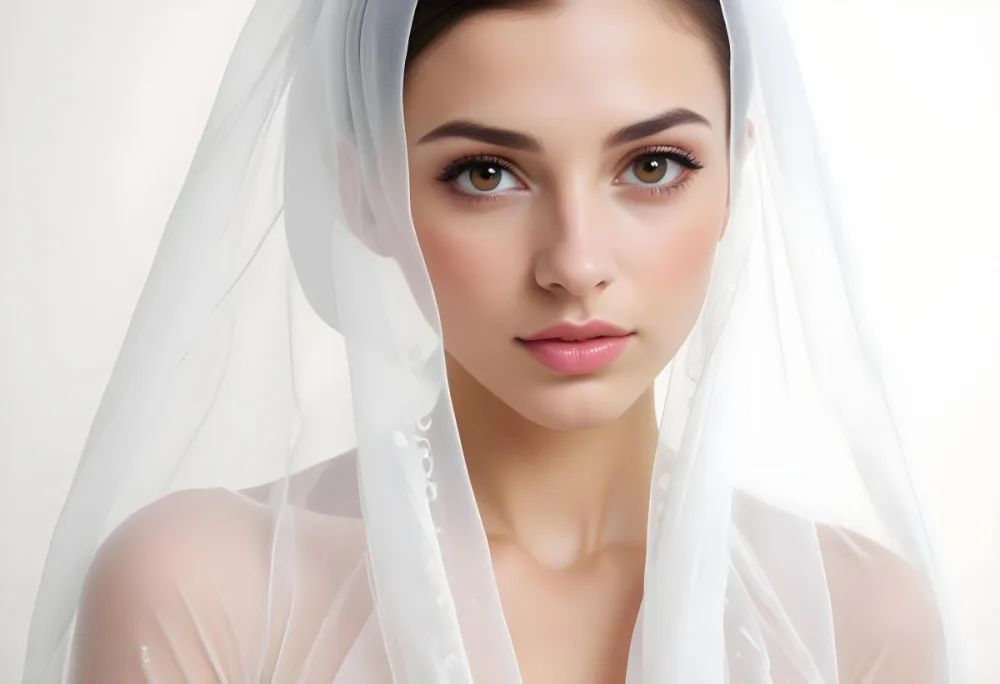 A Caucasian Woman 27 Years Old Brown Eyes Pink Lips Wearing A White Veil White Background 3 62fd